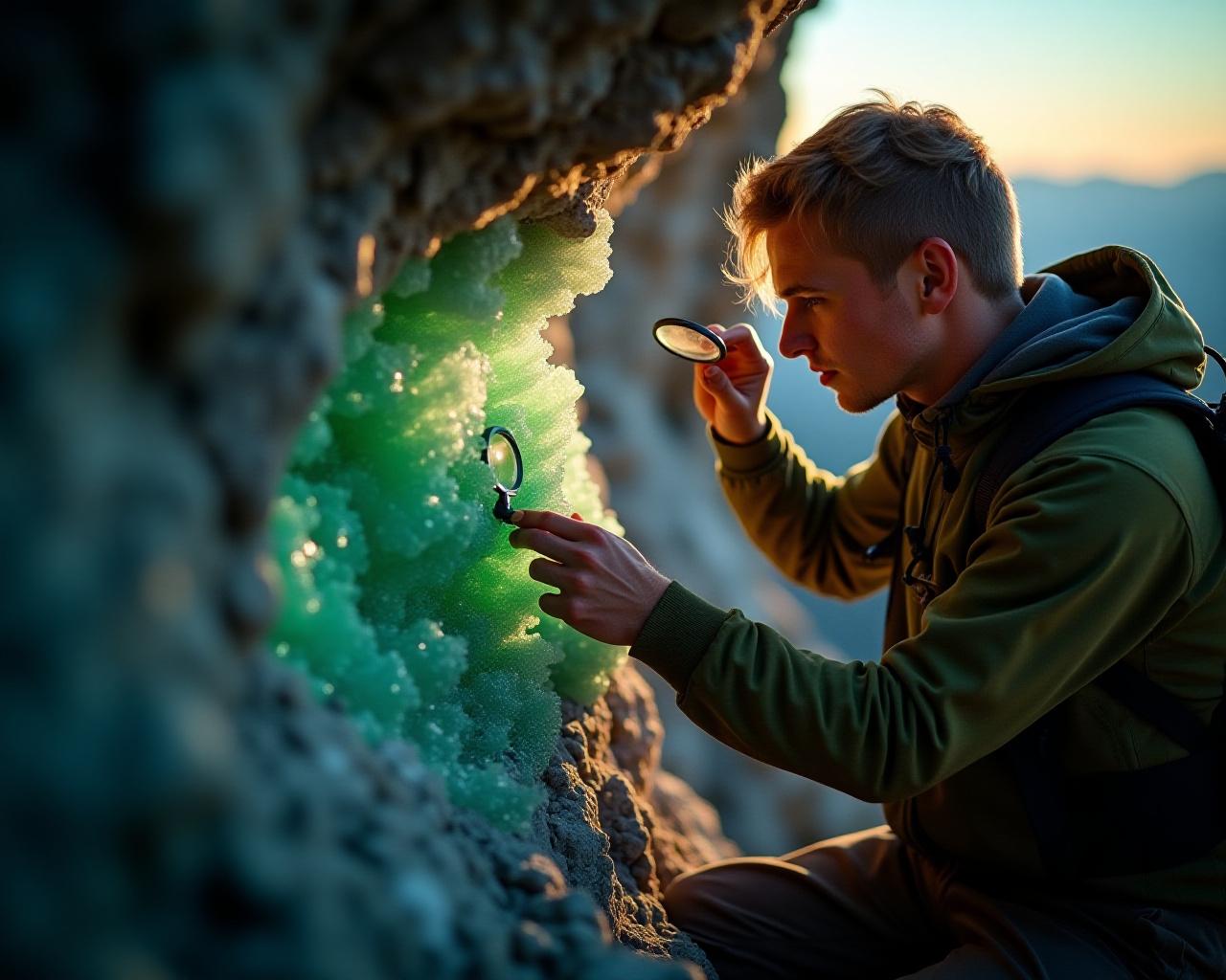 Appassionato che osserva un minerale nelle Alpi